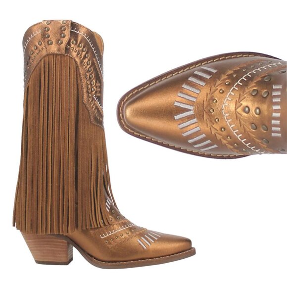 Dingo Gypsy Studded Fringe Metallic Snip Toe Cowboy Boots Brown - Picture 2 of 12